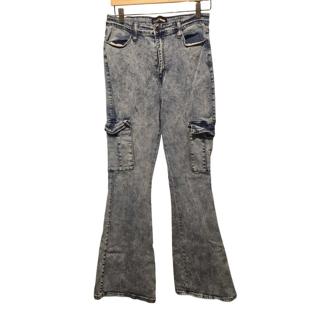 Fashion Nova Acid Wash Cargo Flare Jeans Size 13 Blue Denim Y2K Streetwear Retro
